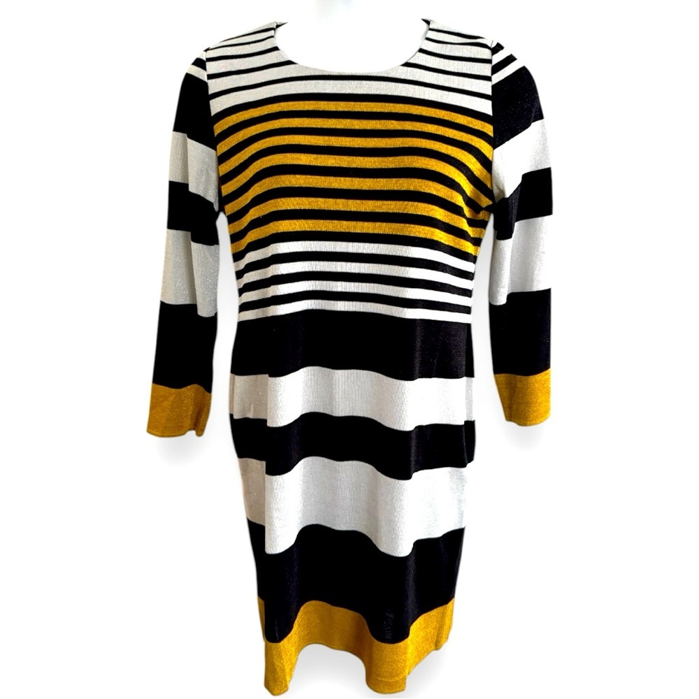 Misook Metallic Stripe Sweater Dress Gold Black Silver Size XL